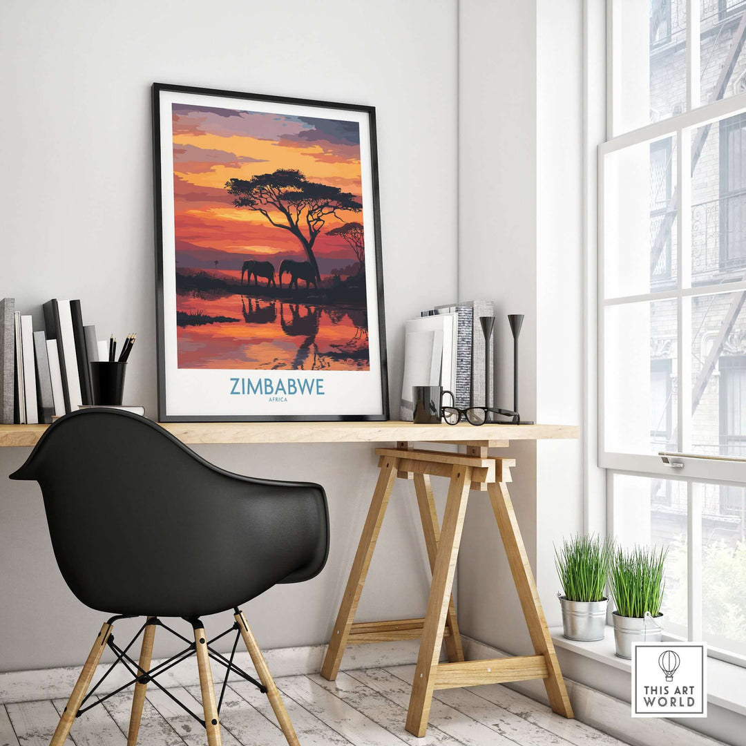 Zimbabwe poster featuring elephants and sunset reflection, ideal for nature-inspired wall art in modern decor.