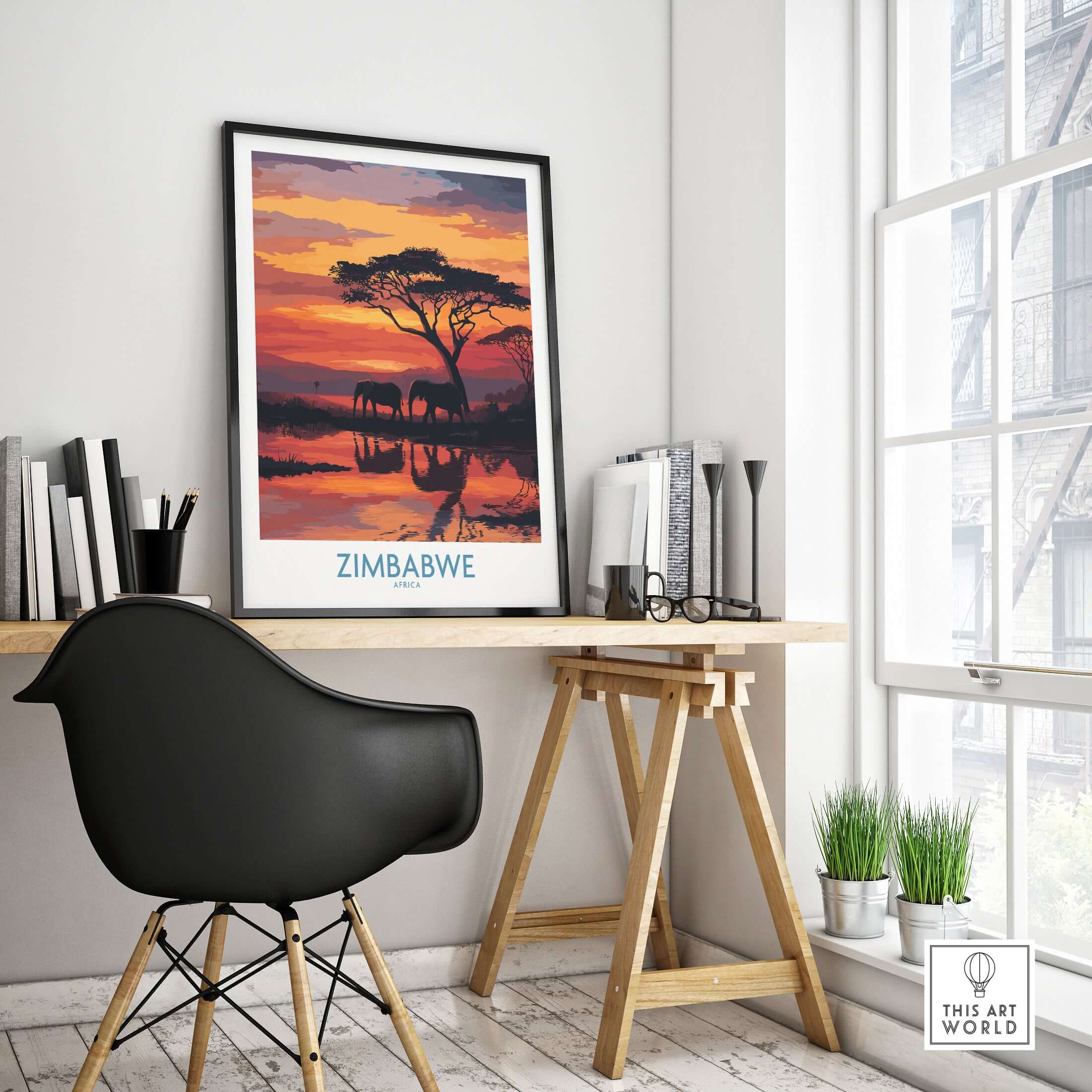 Zimbabwe Poster - Africa Elephant Wall Art - Wildlife Reflection Print in modern workspace setting with furniture and plants.