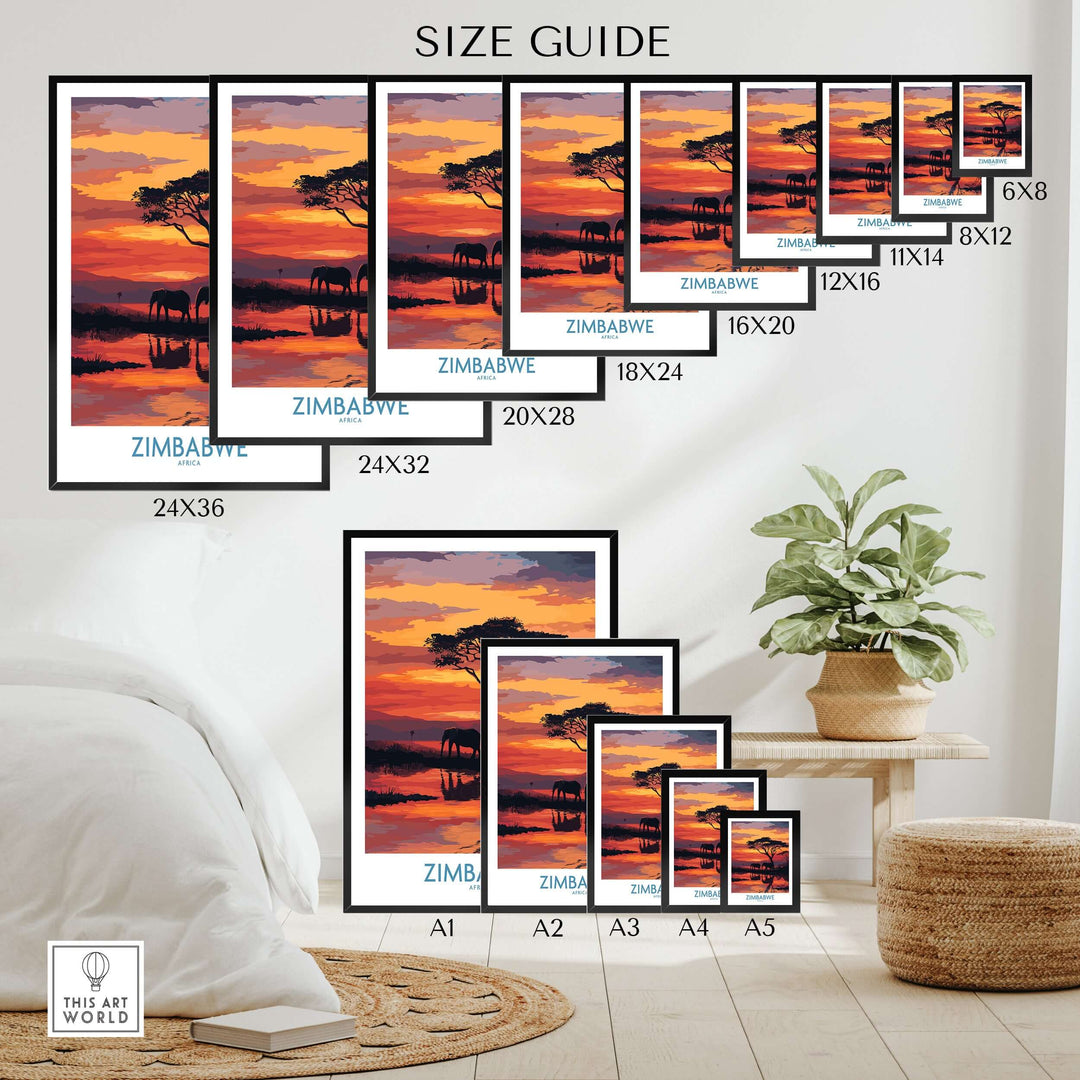 Size guide for Zimbabwe elephant wall art prints, showcasing various frame sizes and a beautiful sunset design.
