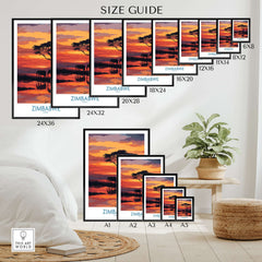Zimbabwe Poster - Africa Elephant Wall Art - Wildlife Reflection Print size guide with different frame options.