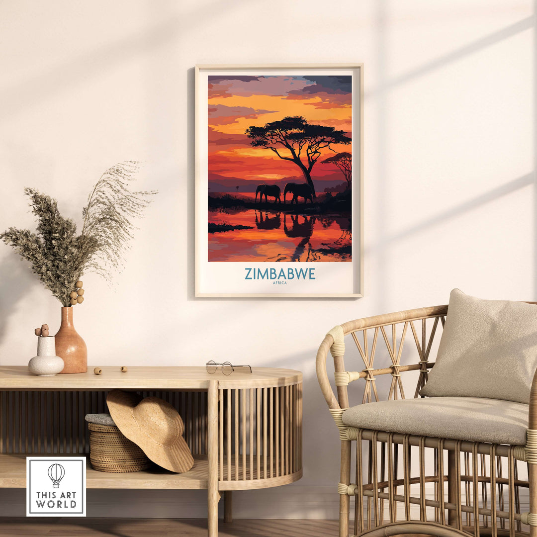 Zimbabwe poster depicting elephants and a sunset reflection, showcasing African wildlife wall art in a stylish interior.