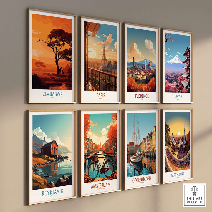 Collection of travel posters featuring vibrant landscapes of Zimbabwe, Paris, Florence, Tokyo, Amsterdam, Copenhagen, Reykjavik, and Barcelona.