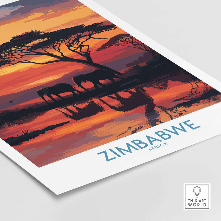 Zimbabwe poster featuring elephants at sunset, showcasing Africa's wildlife reflection in vibrant colors.