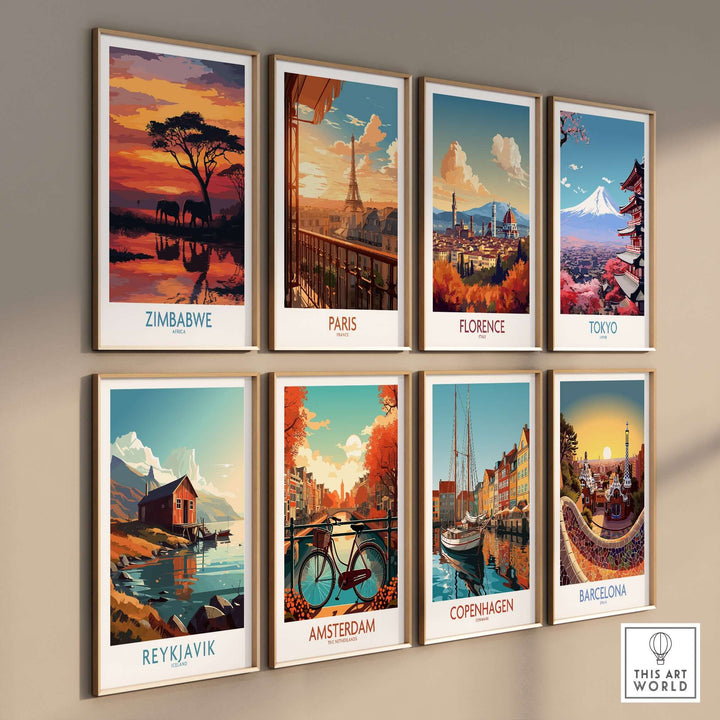 Gallery of travel posters including Zimbabwe, Paris, Florence, and Tokyo with vibrant landscapes and cityscapes.