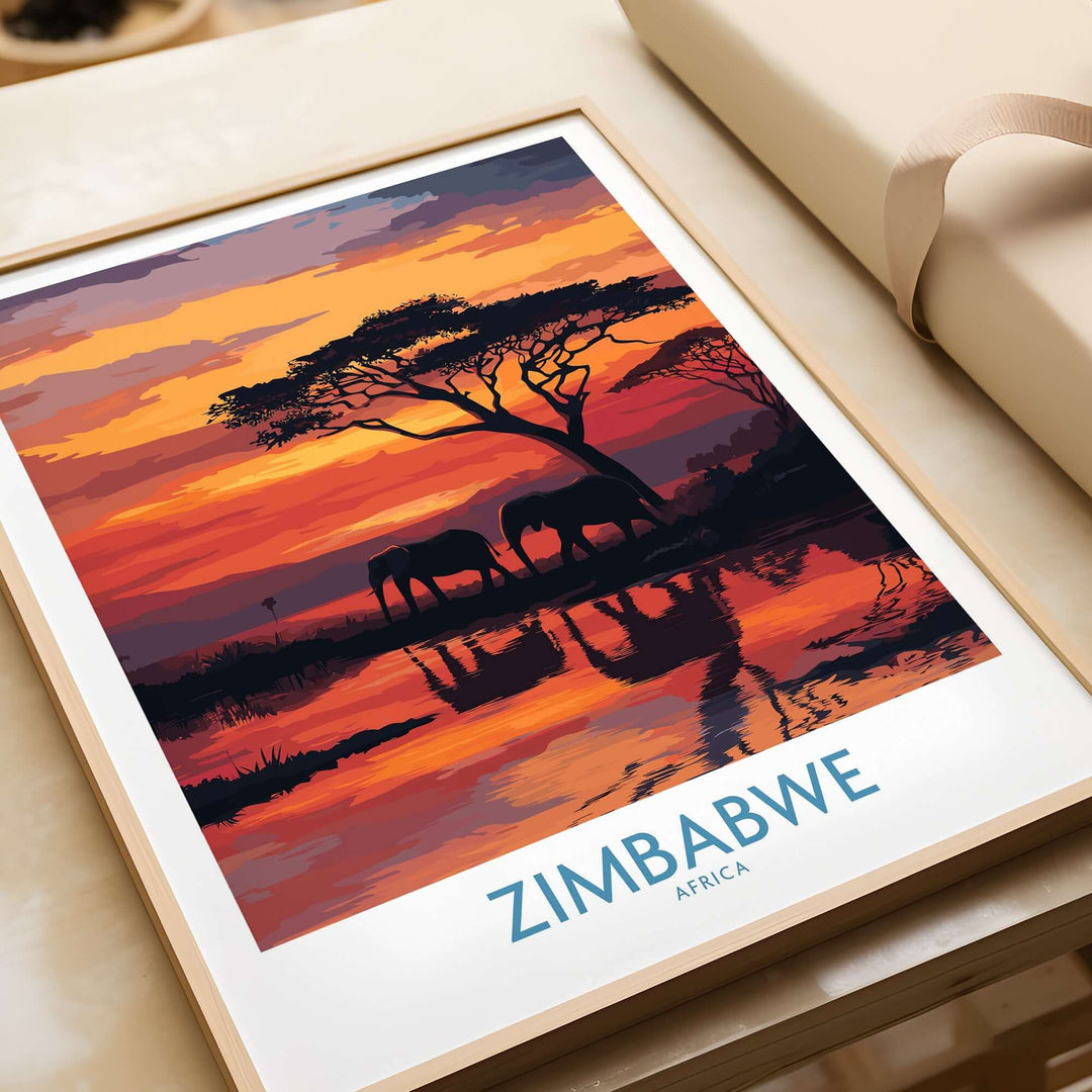Zimbabwe poster featuring elephants at sunset, reflecting in water, showcasing Africa's wildlife beauty.