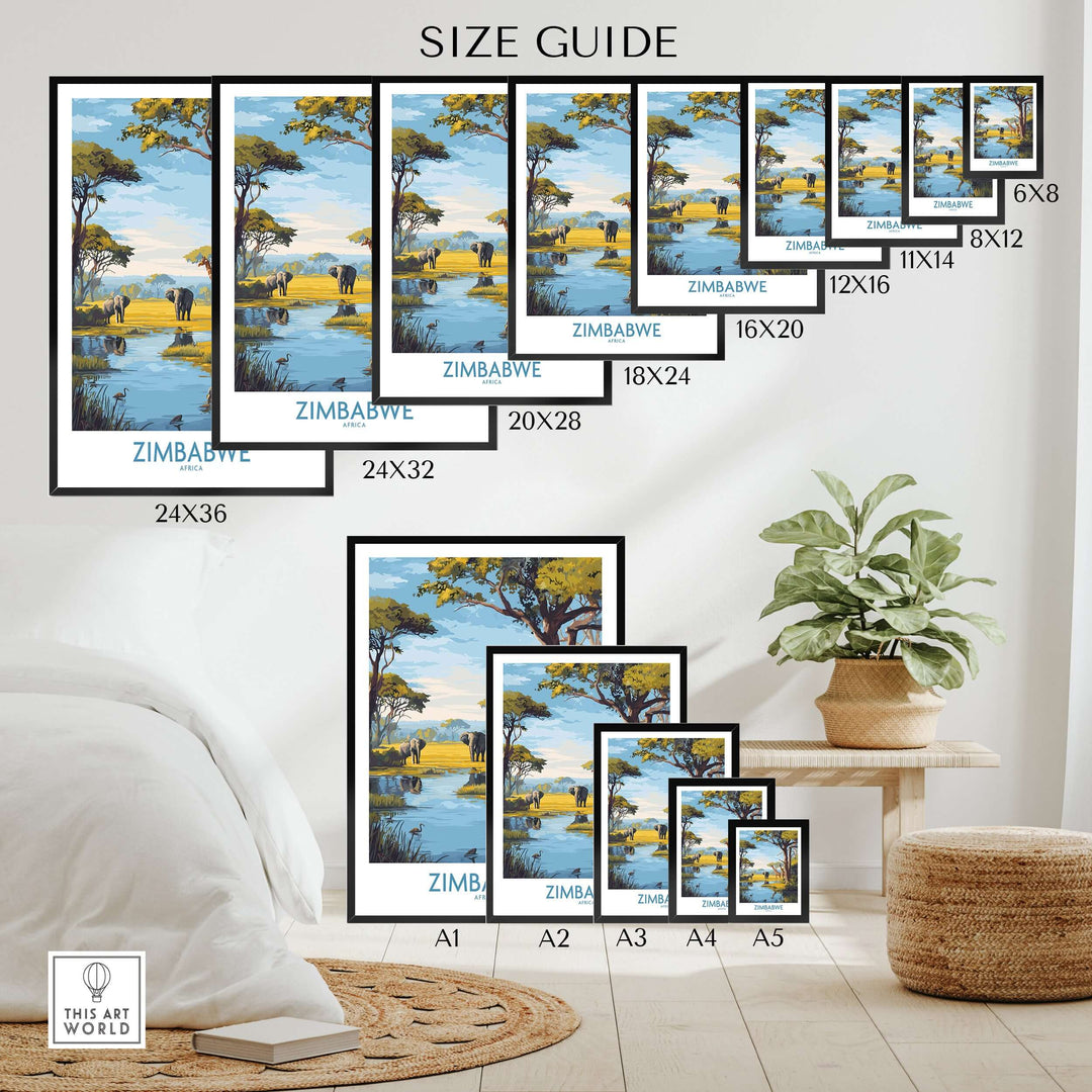 Size guide for Zimbabwe poster showcasing African safari wall art featuring giraffes and elephants in varied dimensions.