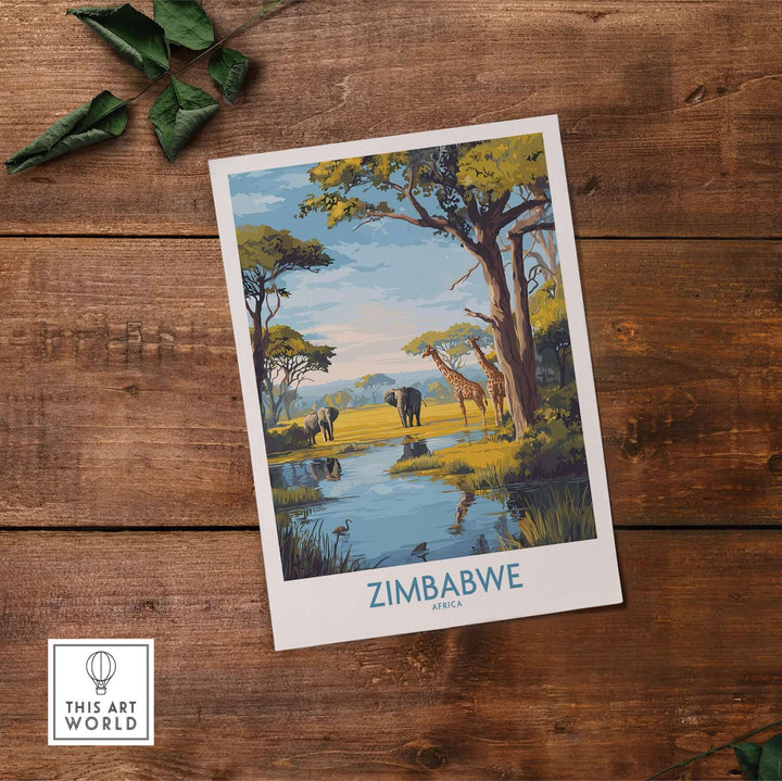 Zimbabwe poster showcasing giraffes and elephants in a lush African landscape, perfect safari wall art.