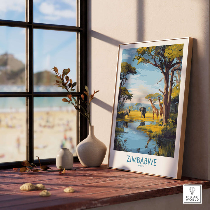 Zimbabwe poster featuring elephants in a serene landscape, perfect safari wall art for nature lovers.