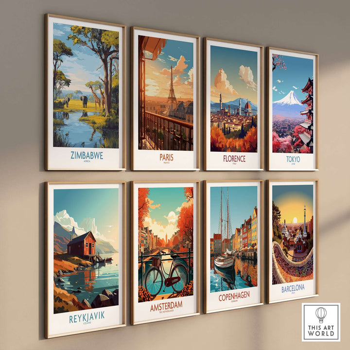 Collection of vibrant travel posters featuring Zimbabwe, Paris, Florence, Tokyo, Reykjavik, Amsterdam, Copenhagen, and Barcelona.