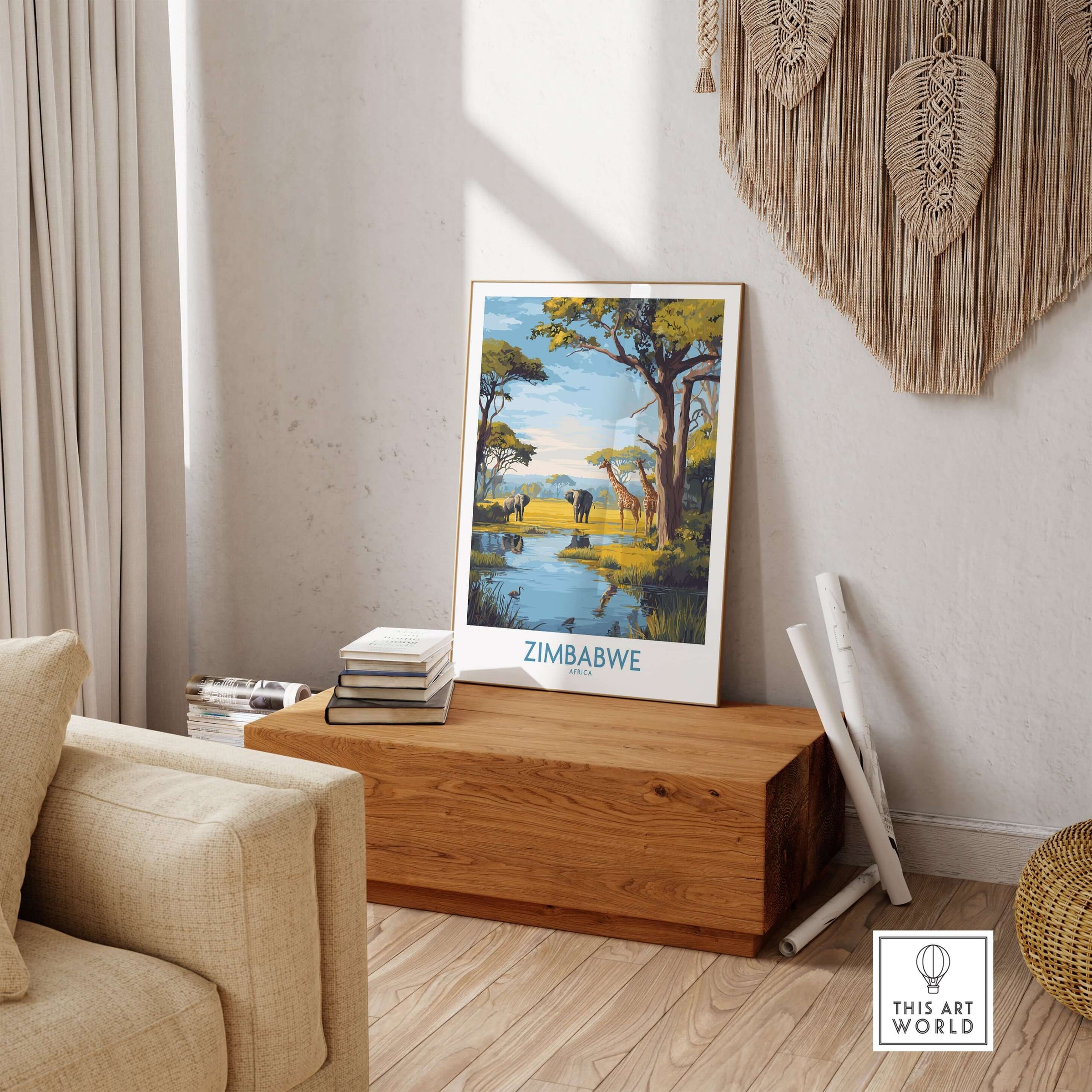 Zimbabwe Poster - African Safari Wall Art - Giraffe and Elephant Print displayed in a cozy living room setting.