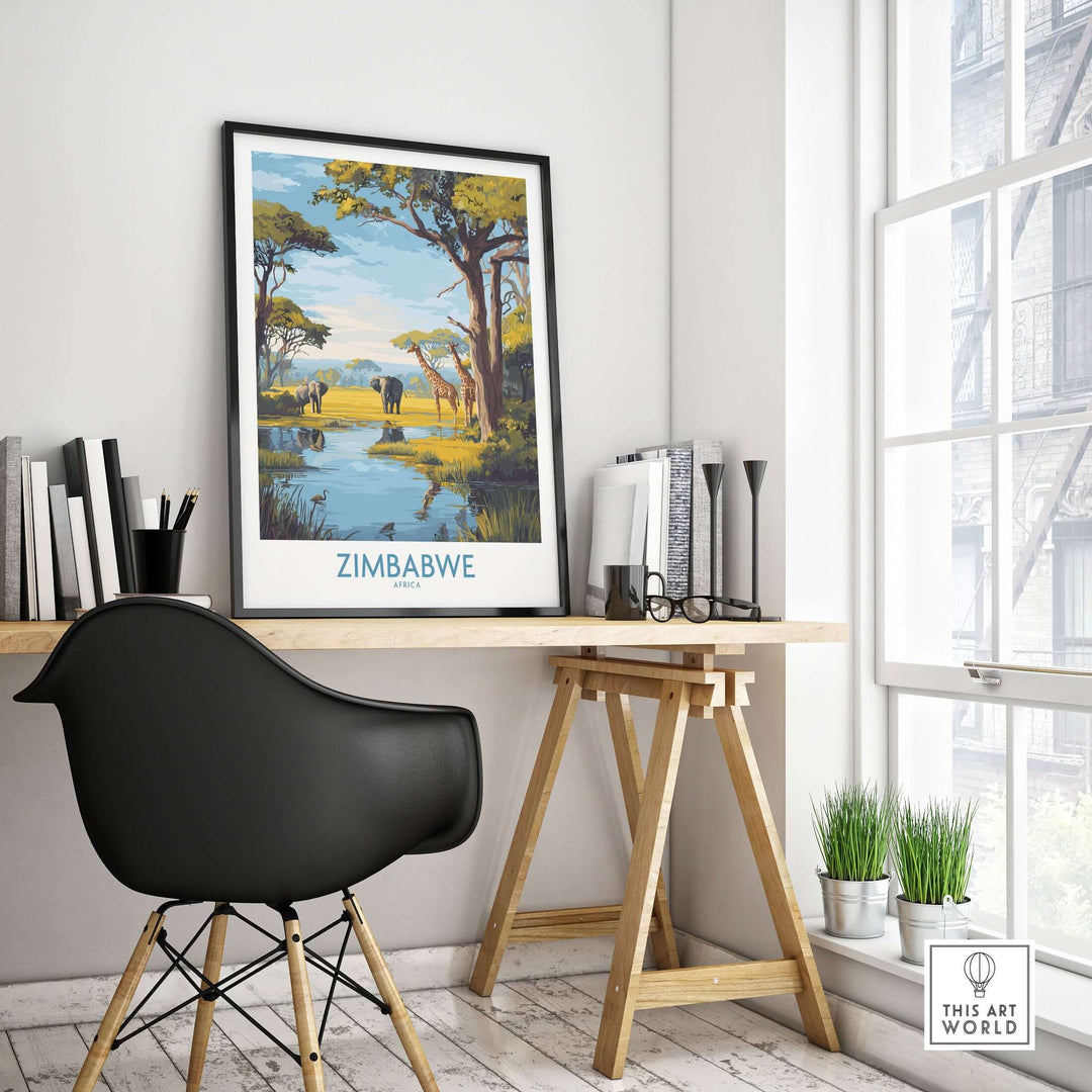 Zimbabwe poster featuring giraffes and elephants, showcased in a stylish home office decor.