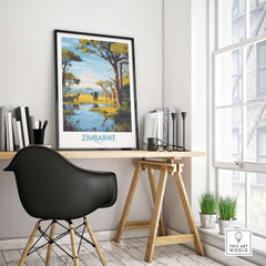 Zimbabwe Poster - African Safari Wall Art - Giraffe and Elephant Print framed in a modern office interior