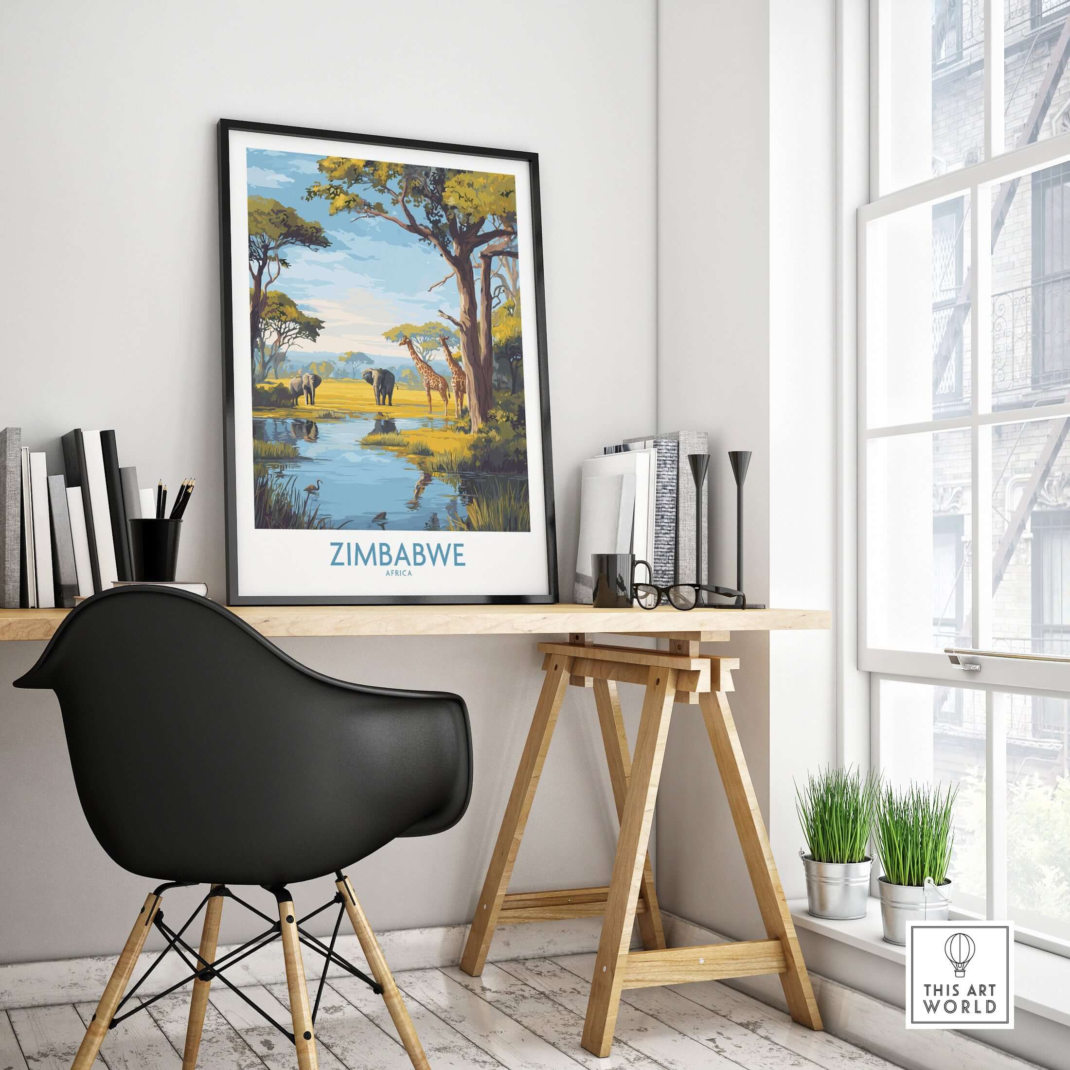 Zimbabwe Poster - African Safari Wall Art - Giraffe and Elephant Print framed in a modern office interior
