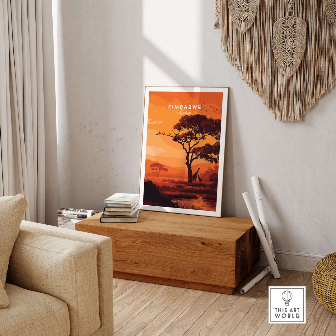 Zimbabwe poster featuring sunset savanna scene with a silhouette tree and giraffe, perfect for home decor.
