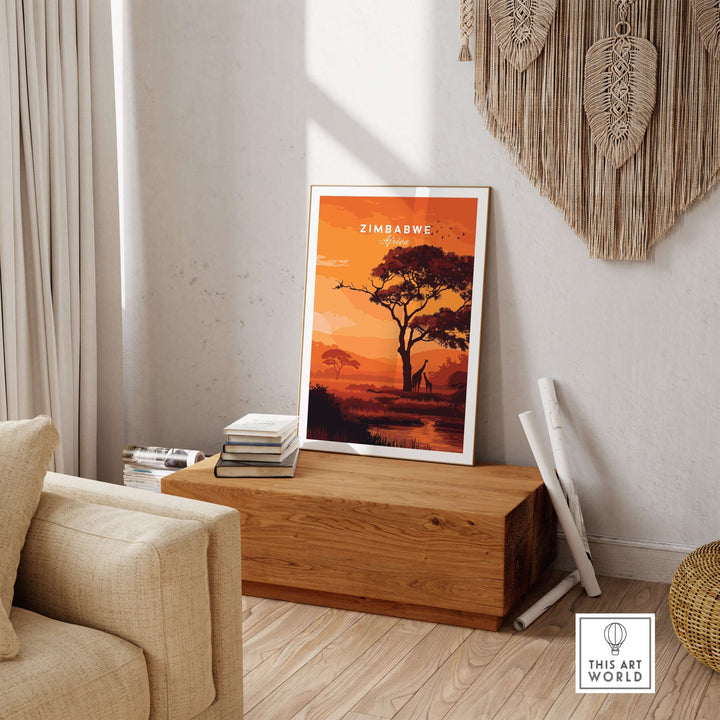 Zimbabwe poster featuring sunset savanna scene with a silhouette tree and giraffe, perfect for home decor.