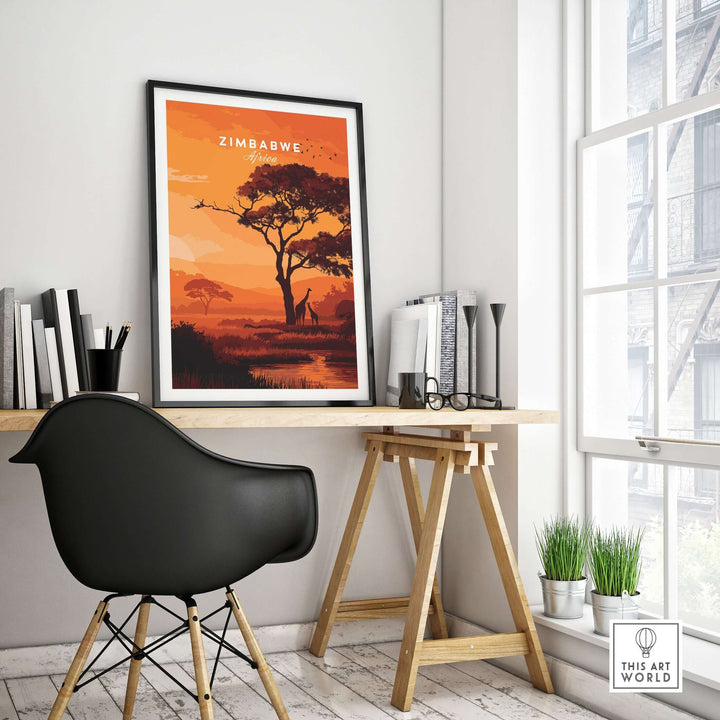 Zimbabwe poster showcasing giraffes at sunset, enhancing home decor in a modern workspace.