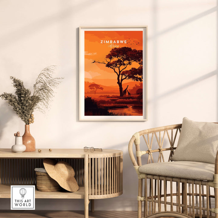 Zimbabwe poster featuring giraffes at sunset, enhancing home decor with African savanna beauty.