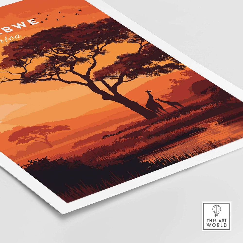 Zimbabwe poster featuring giraffes at sunset in the African savanna, warm colors and serene landscape decor.