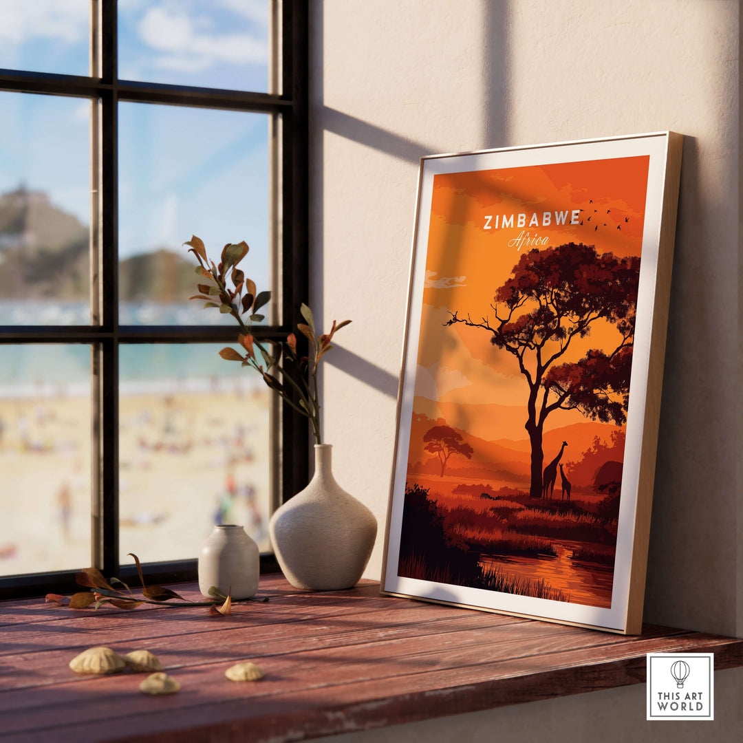 Zimbabwe poster featuring a sunset with a silhouette of a tree and people, enhancing home decor with African elegance.