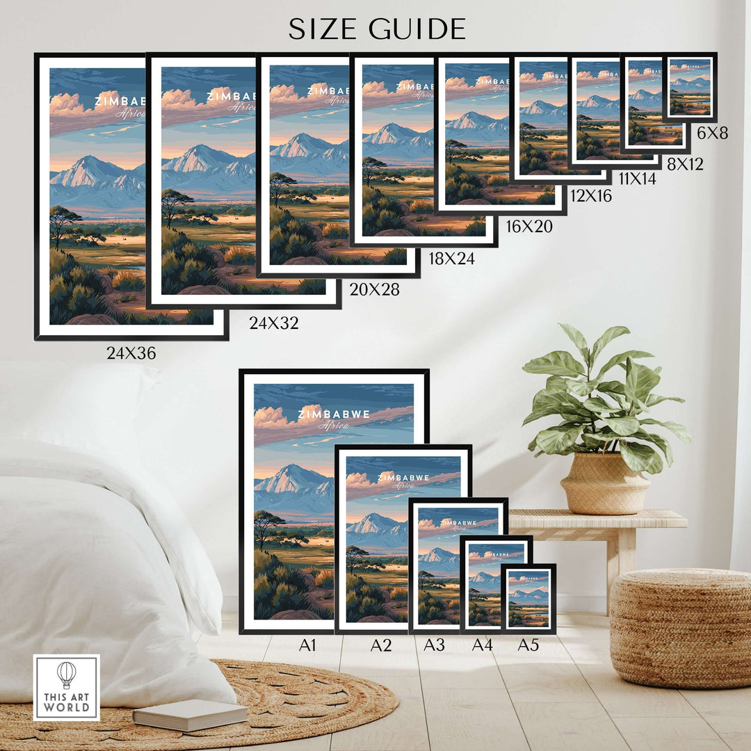 Size guide for Zimbabwe wildlife poster prints, showcasing various dimensions in a home decor setting.