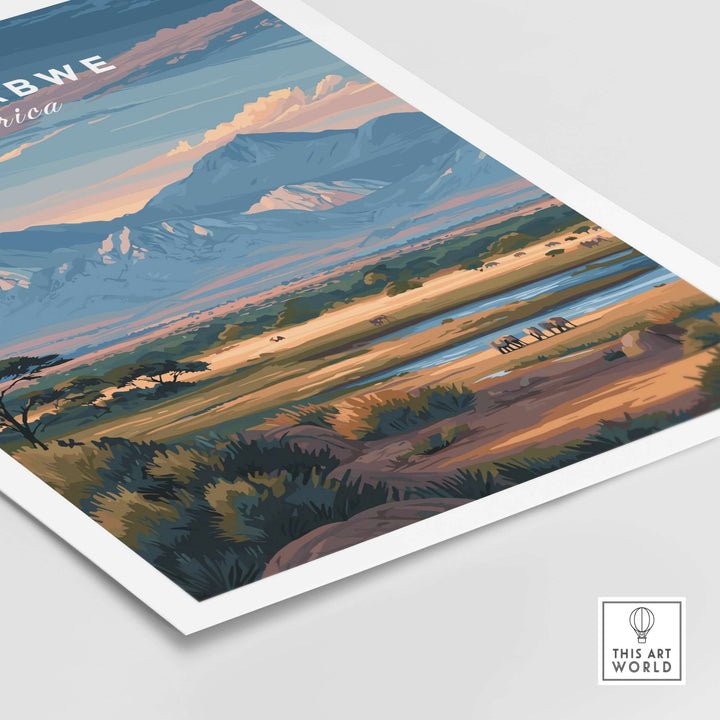 Zimbabwe wildlife poster showcasing African savanna with iconic animals and stunning mountain landscape.