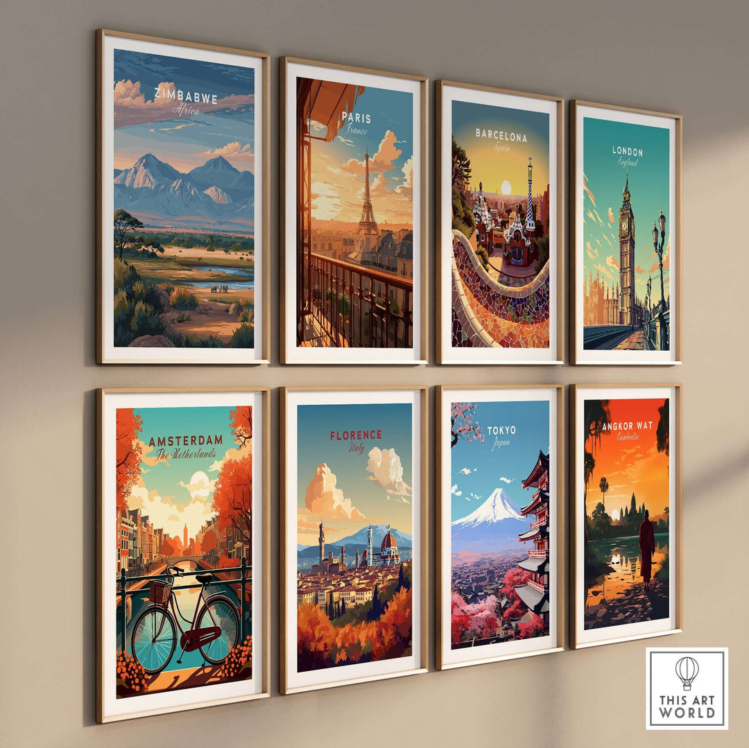 Collection of travel posters featuring cities like Zimbabwe, Paris, and Tokyo, showcasing iconic landmarks and vibrant landscapes.
