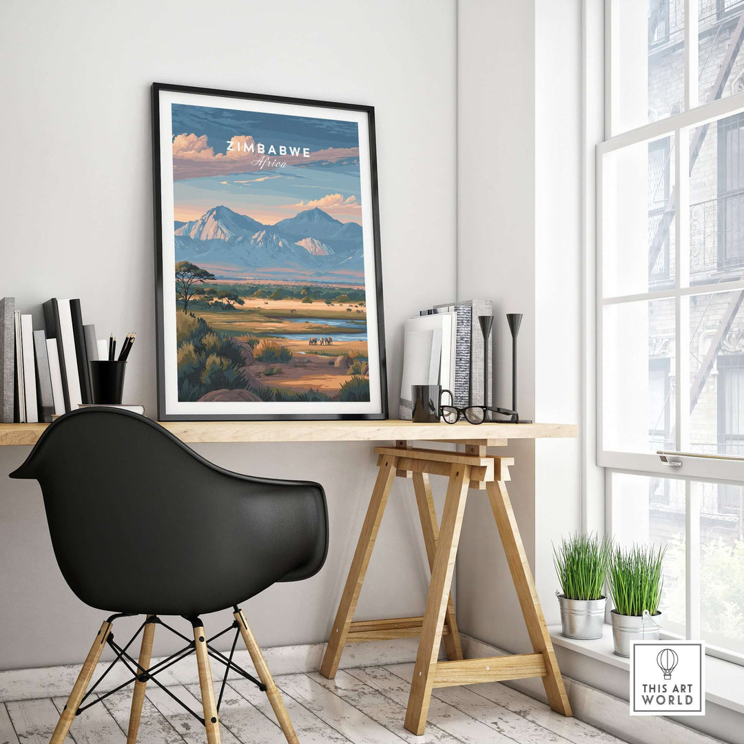 Zimbabwe poster showcasing African savanna landscape, perfect for wildlife home decor and nature enthusiasts.