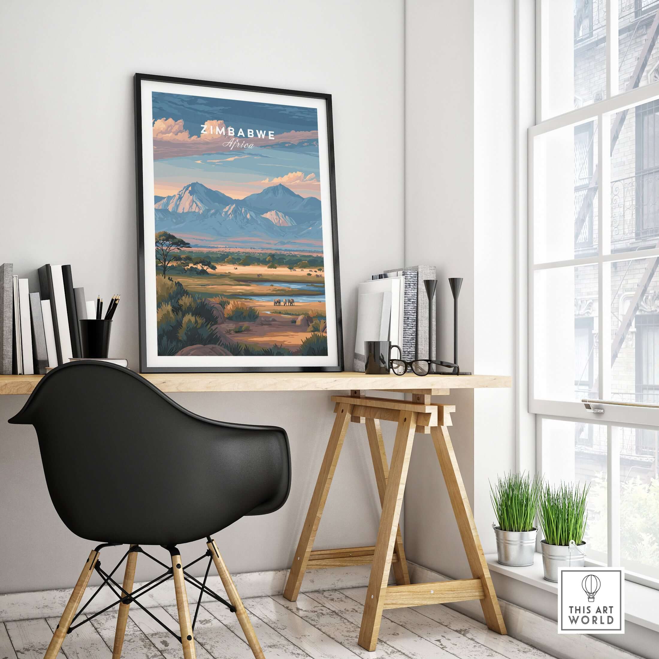 Zimbabwe Poster - African Savanna Print - Wildlife Home Decor displayed in a stylish home office setting.