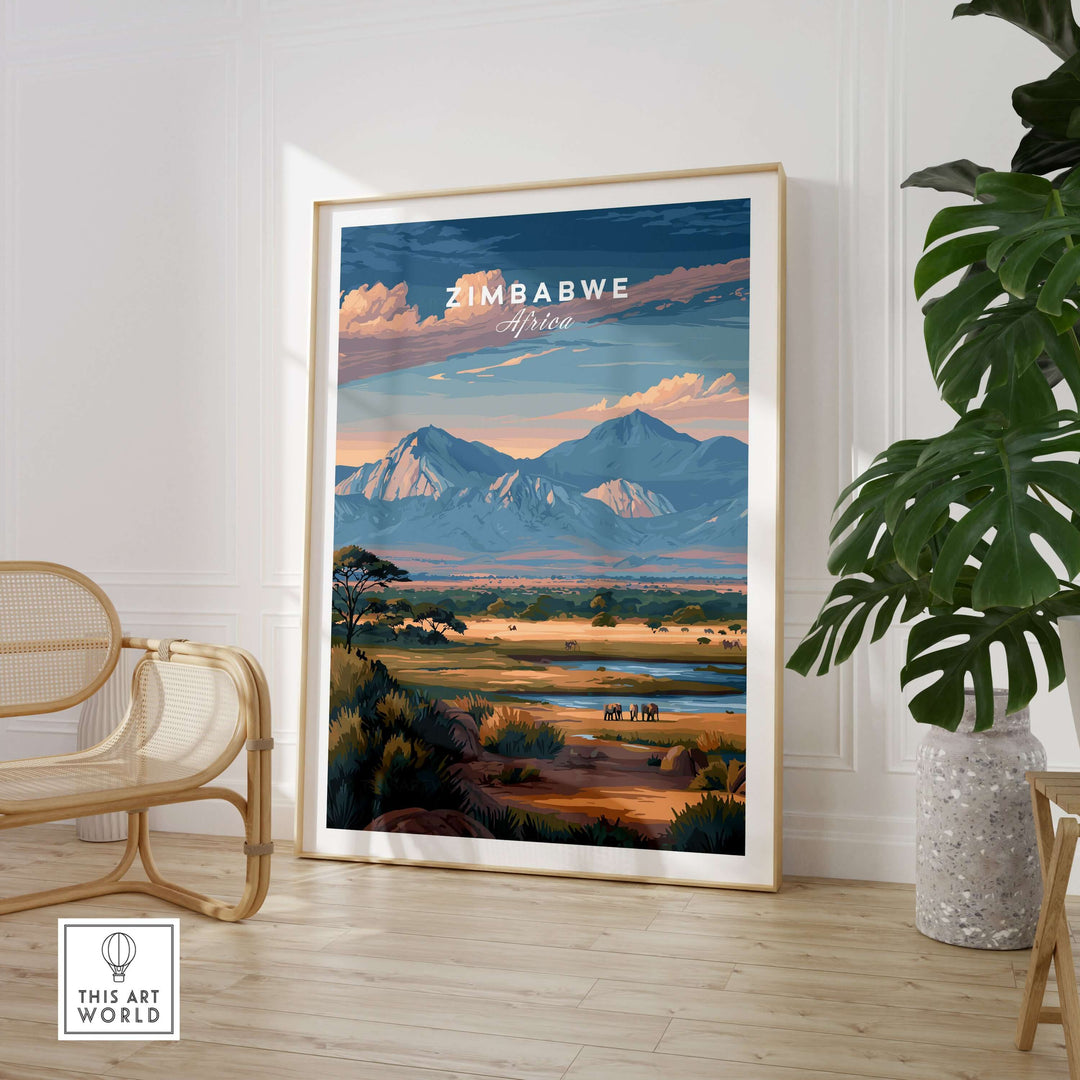 Zimbabwe poster featuring African savanna landscape and wildlife, perfect for home decor and nature lovers.