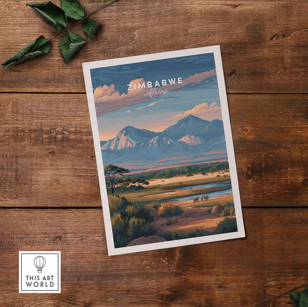 Zimbabwe wildlife poster featuring iconic savanna landscape with mountains, trees, and animals for home decor.