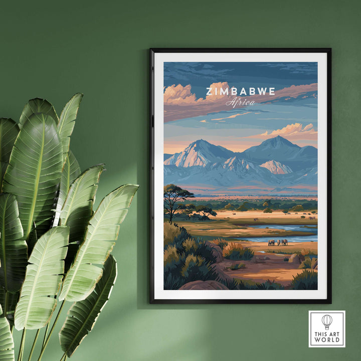 Zimbabwe poster showcasing majestic mountains and wildlife in the African savanna for home decor.