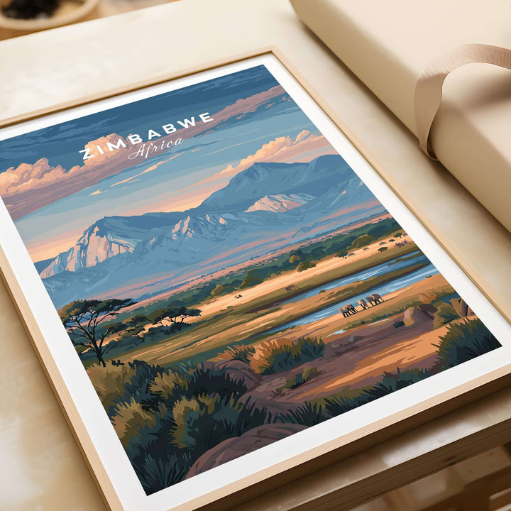 Zimbabwe wildlife poster showcasing African savanna landscape with iconic animals and vibrant colors.