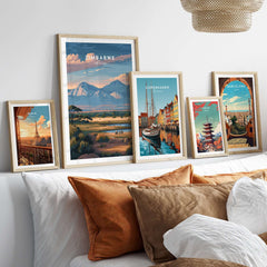 Zimbabwe Poster - African Savanna Print - Wildlife Home Decor displayed among framed travel art on a cozy sofa.