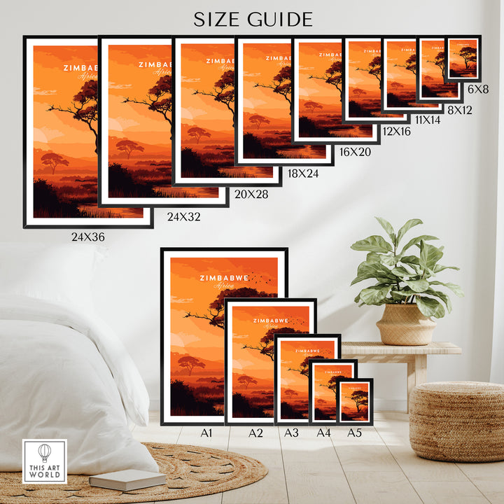 Size guide for Zimbabwe poster featuring African savanna print with giraffes and sunset, displaying various frame sizes.