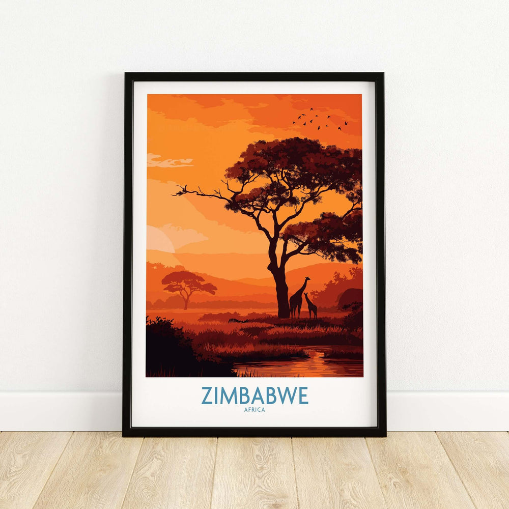 Zimbabwe Safari Sunset Poster featuring giraffes and a vibrant orange sunset, perfect for wildlife lovers and home decor.