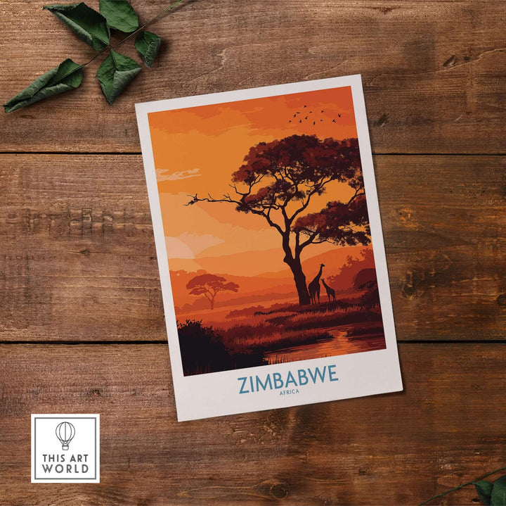 Zimbabwe safari sunset poster featuring giraffes and a silhouette tree against an orange sky.