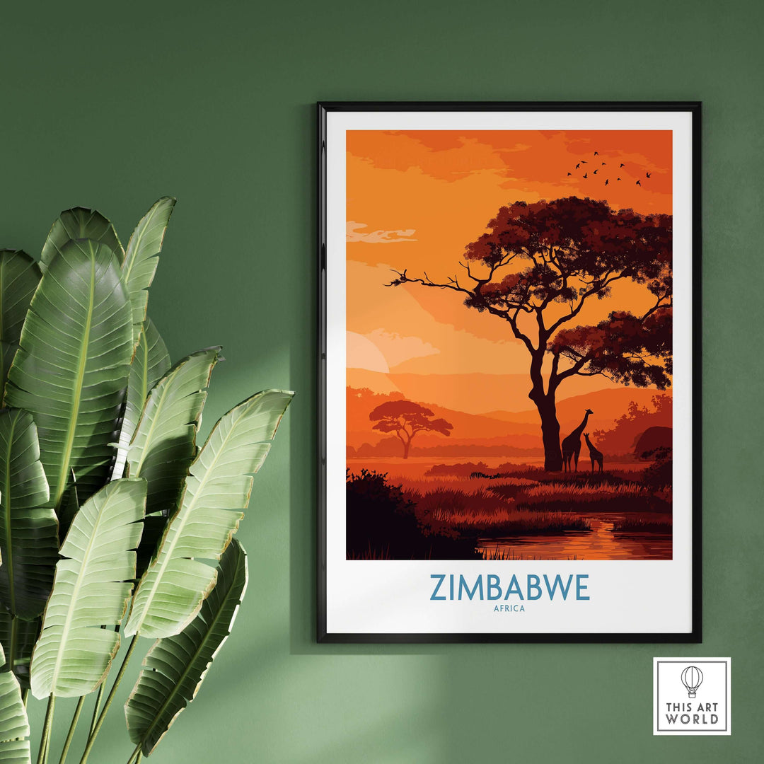 Zimbabwe safari sunset poster showcasing giraffes and a vibrant landscape in warm orange hues.