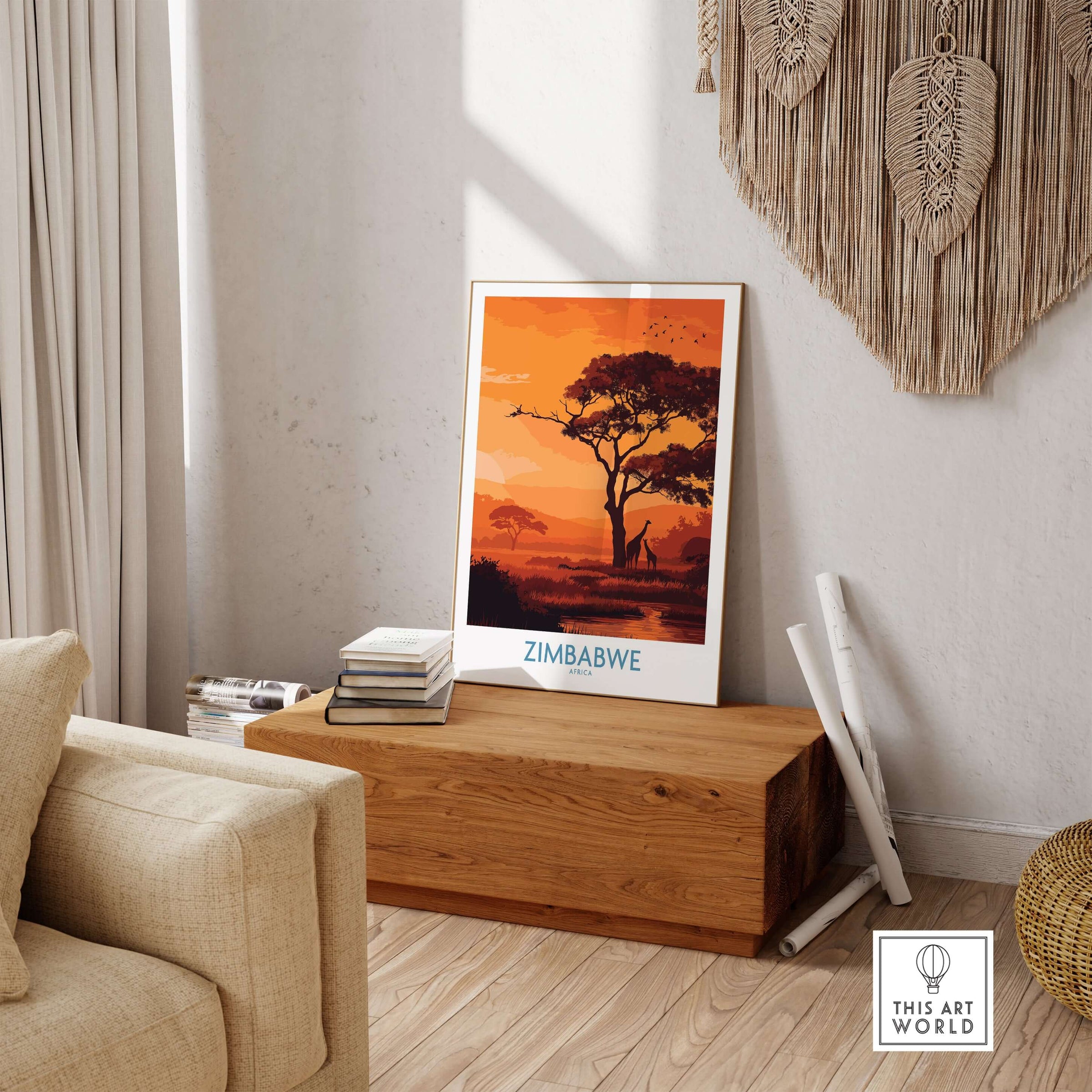 Zimbabwe Safari Sunset Poster - Africa Giraffe Wall Art - Wildlife Travel Print displayed in a stylish living room setting.