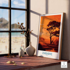 Zimbabwe Safari Sunset Poster - Africa Giraffe Wall Art - Wildlife Travel Print displayed in a modern interior setting.