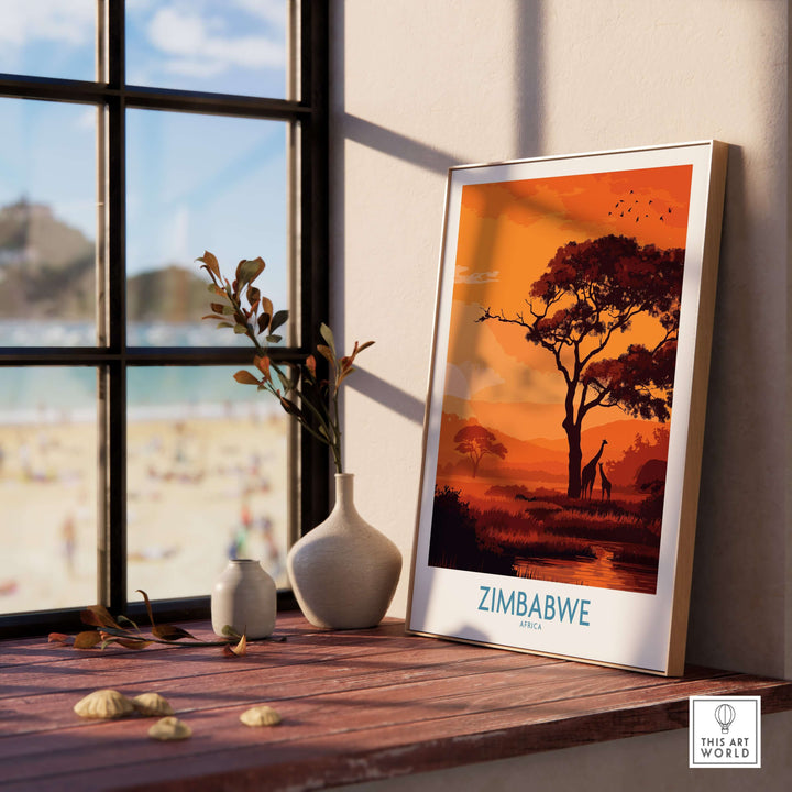 Zimbabwe Safari Sunset Poster showcasing a vibrant sunset and silhouette of a tree, perfect for wildlife art enthusiasts.