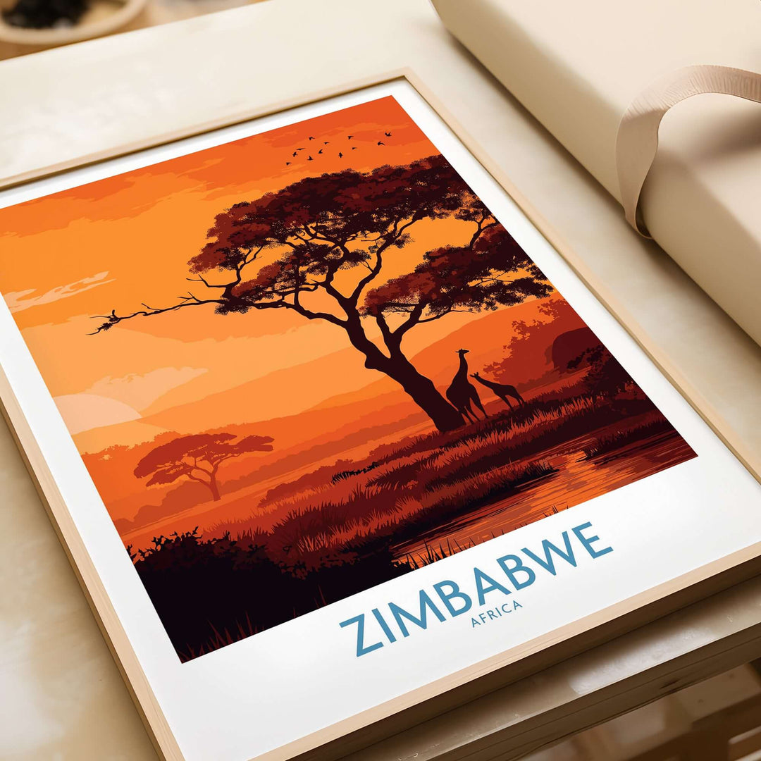 Zimbabwe safari sunset poster with giraffes and acacia tree, vibrant orange colors for wildlife decor.