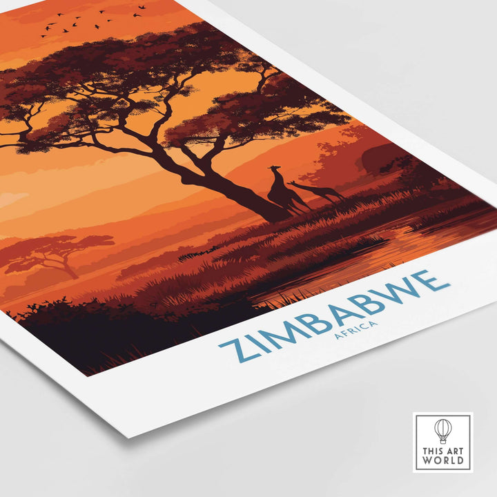 Zimbabwe Safari Sunset Poster featuring giraffes and vibrant colors, perfect wall art for nature lovers.