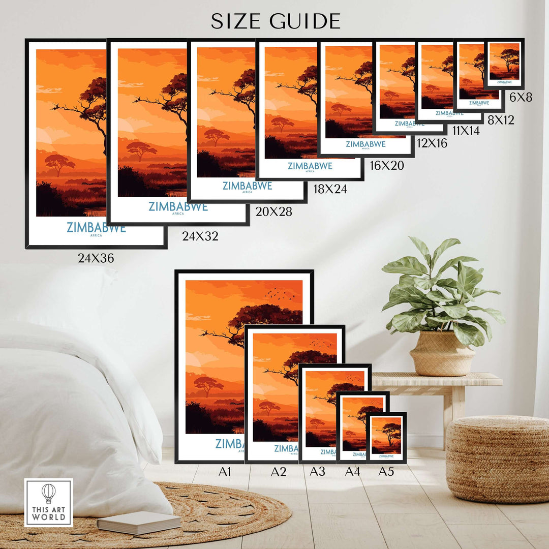 Size guide for Zimbabwe Safari Sunset poster featuring various frame sizes for wildlife wall art.