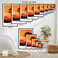 Zimbabwe Safari Sunset Poster - Africa Giraffe Wall Art - Wildlife Travel Print size guide showcasing various frame dimensions.