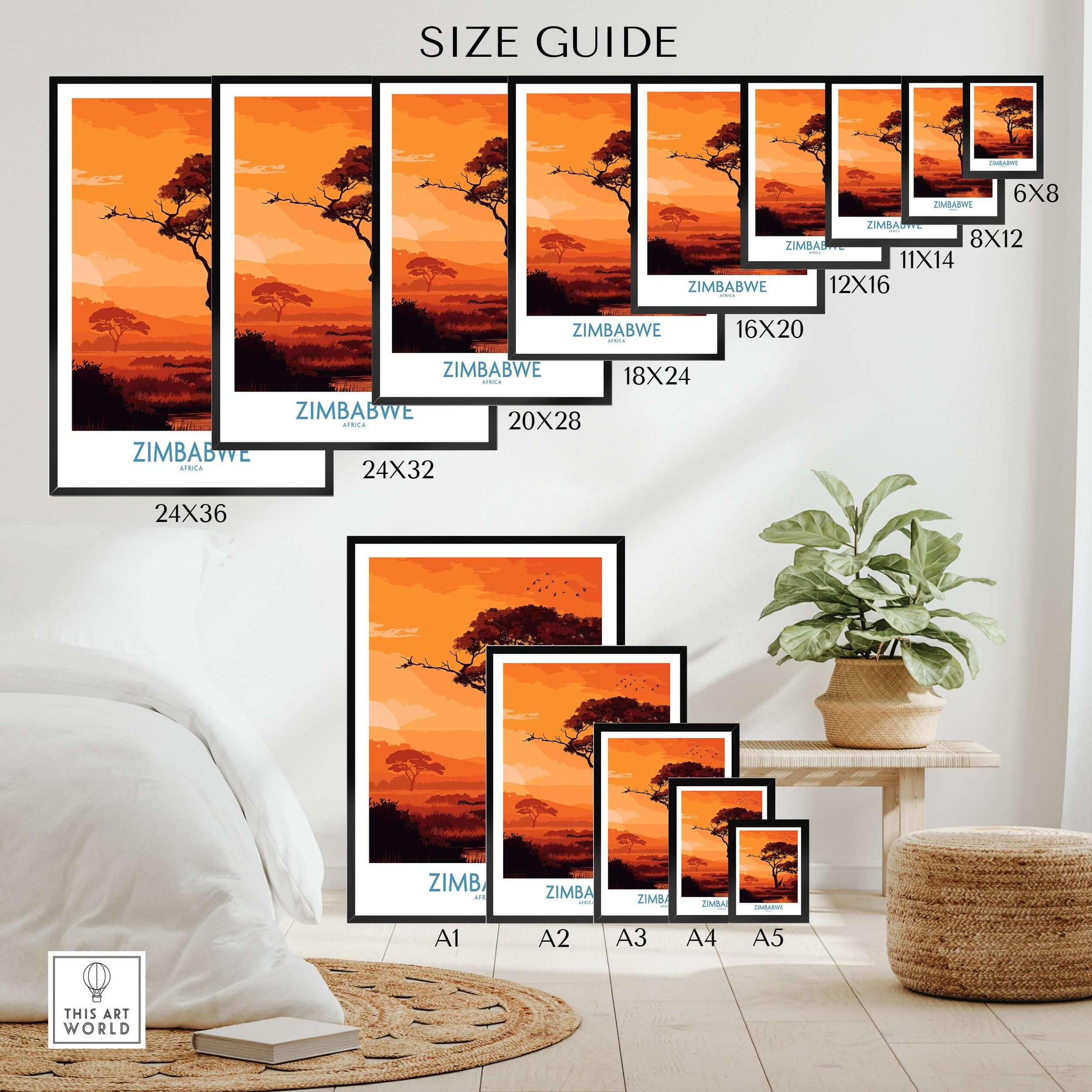 Zimbabwe Safari Sunset Poster - Africa Giraffe Wall Art - Wildlife Travel Print size guide showcasing various frame dimensions.
