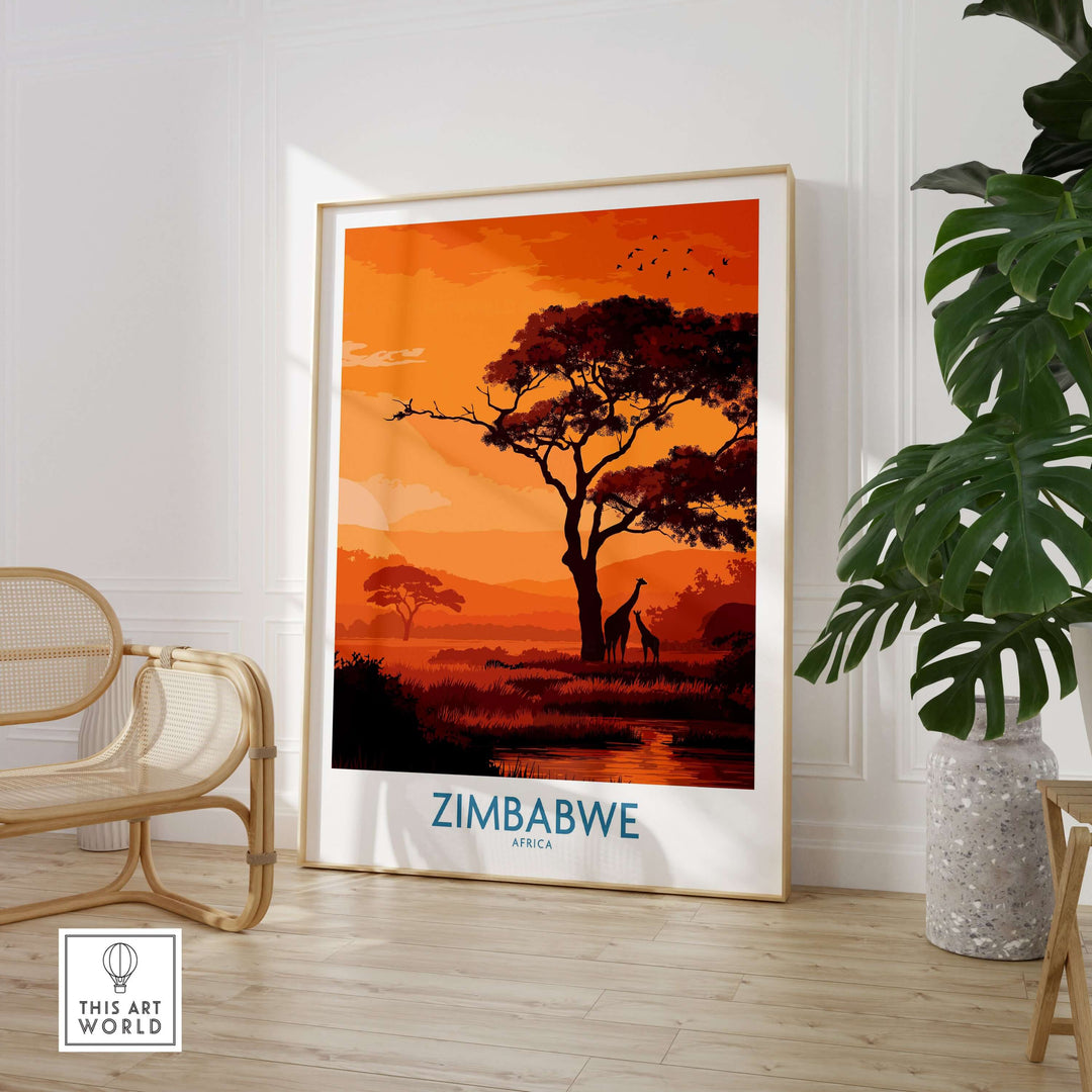 Zimbabwe Safari Sunset poster featuring giraffes and vibrant sunset, perfect for wildlife art lovers.