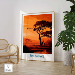Zimbabwe Safari Sunset Poster - Africa Giraffe Wall Art - Wildlife Travel Print showcasing majestic giraffes at sunset.