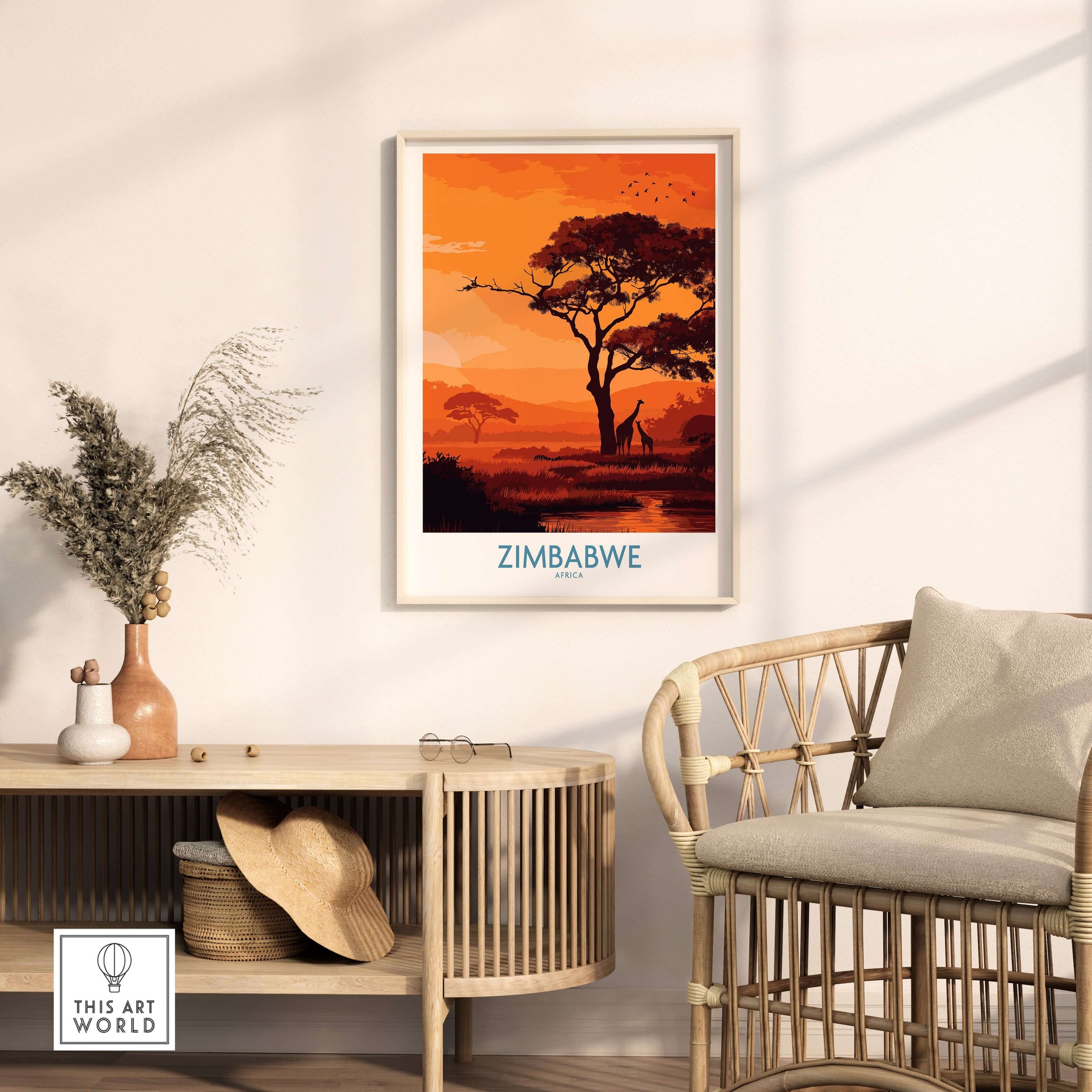 Zimbabwe Safari Sunset Poster - Africa Giraffe Wall Art - Wildlife Travel Print displayed in a modern home setting.