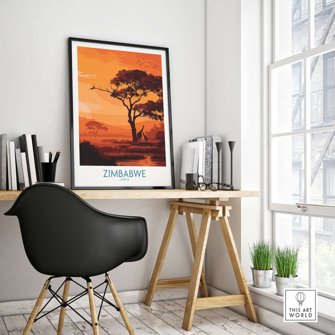 Zimbabwe Safari Sunset Poster with giraffes and trees in a stylish home office setting