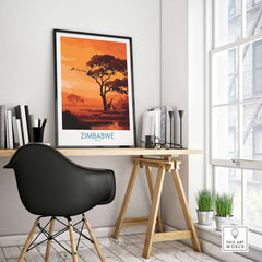 Zimbabwe Safari Sunset Poster - Africa Giraffe Wall Art - Wildlife Travel Print displayed in a modern interior setting.